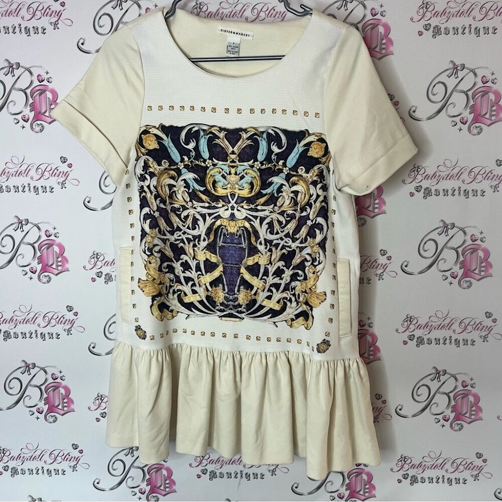 Sister market dress luxe Cream Dress with Gold and Blue Embellishments
